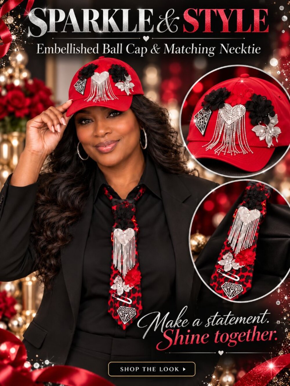 Red Elegance Embellished Ball Cap & Necktie Set